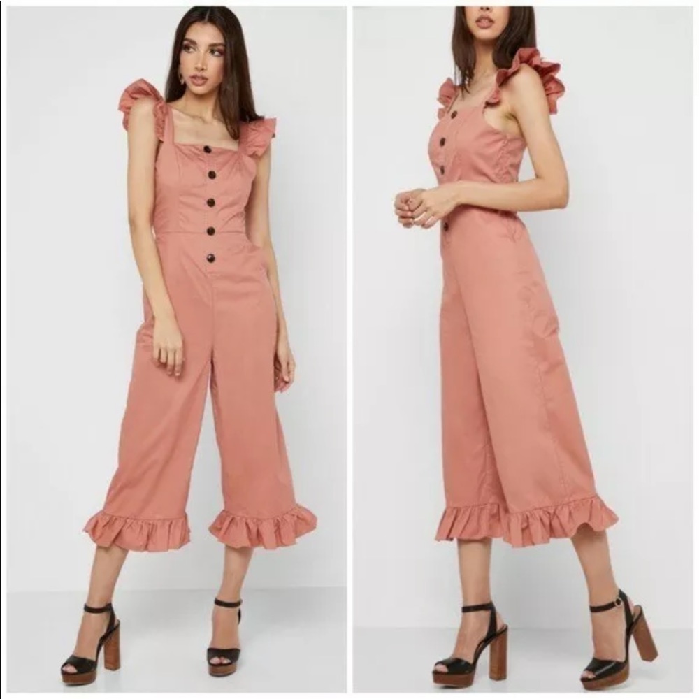 English Factory Women’s Sleeveless Twill Pink Ruffle Crop Jumpsuit Size Medium
